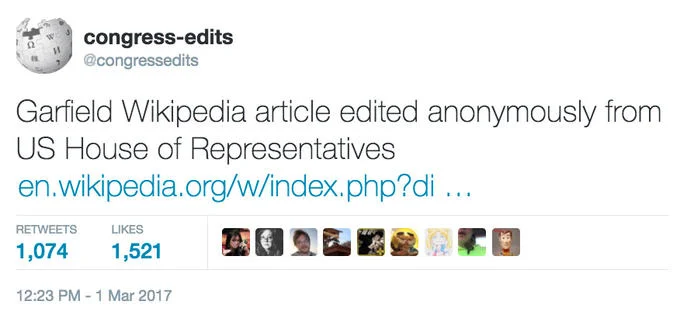 Garfield Gender Debate — Tweet from congress-edits account reporting Garfield Wikipedia edits from a US House of Representatives IP address.