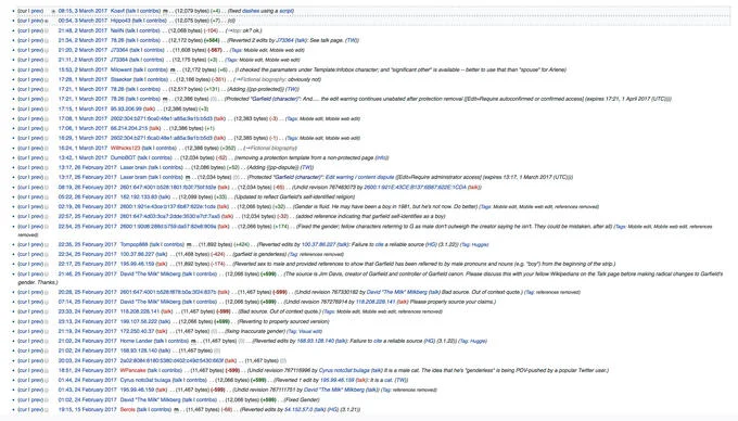 Garfield Gender Debate — Screenshot of Garfield Wikipedia article's edit history changelog showing multiple revision entries and discussion.