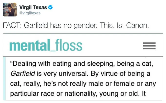 Garfield Gender Debate — Screenshots of Virgil Texas's viral tweet declaring 'FACT: Garfield has no gender. This. Is. Canon.' with mental_floss article