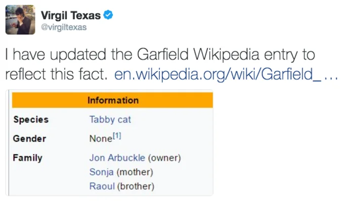 Garfield Gender Debate — Screenshot of Virgil Texas's Wikipedia edit to Garfield's entry, displaying the updated information box listing gender as 'None.'