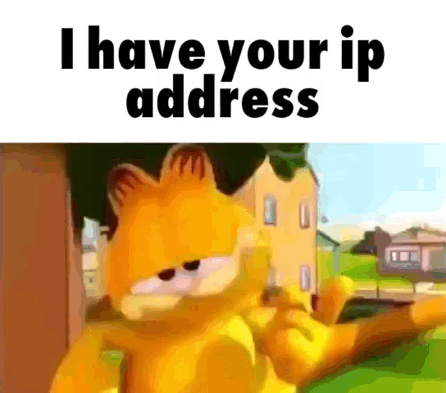 Garfield's "I Know Where You Live" — GIF of Garfield pointing with text 'I have your ip address'.