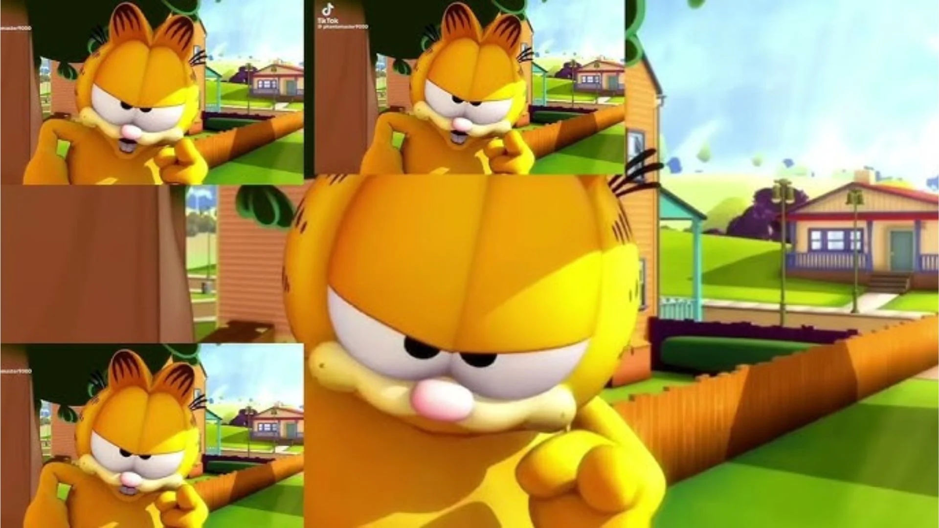 Garfield's "I Know Where You Live" — Collage of 3D Garfield giving a threatening pointing look from The Garfield Show.