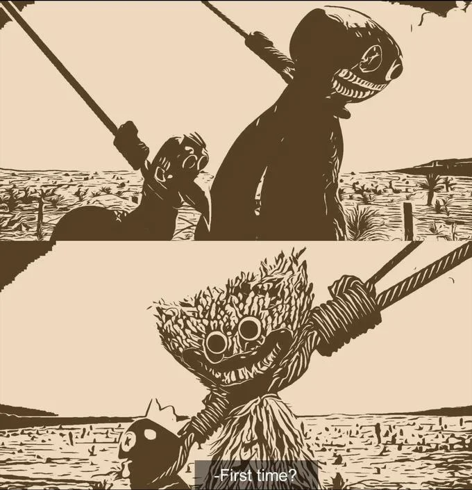 Sepia-toned manga panel fan art showing Garten of Banban creatures fishing with one caught on the hook, top creature asking 'First time?'