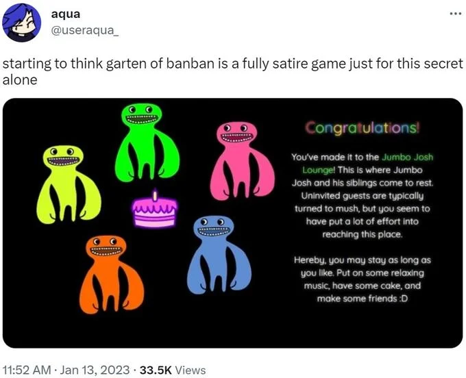 Twitter screenshot of a post debating whether Garten of Banban is a satire game, showing colorful neon creatures with congratulatory text.