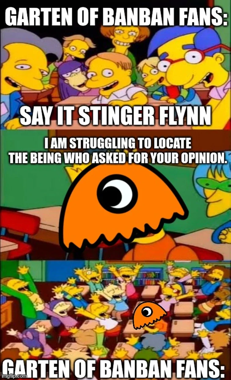 Simpson family-style meme format featuring Garten of Banban references with multiple text panels and an orange creature character.