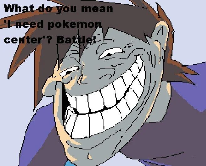 Distorted grinning Gary Oak meme demanding a battle