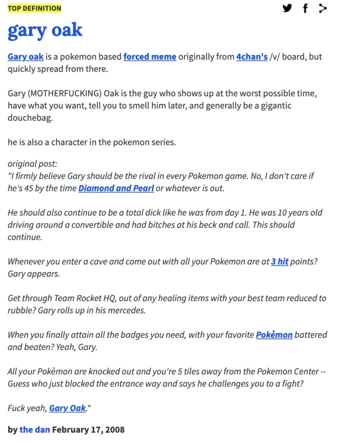 Wiki article page titled gary oak describing the meme's origin