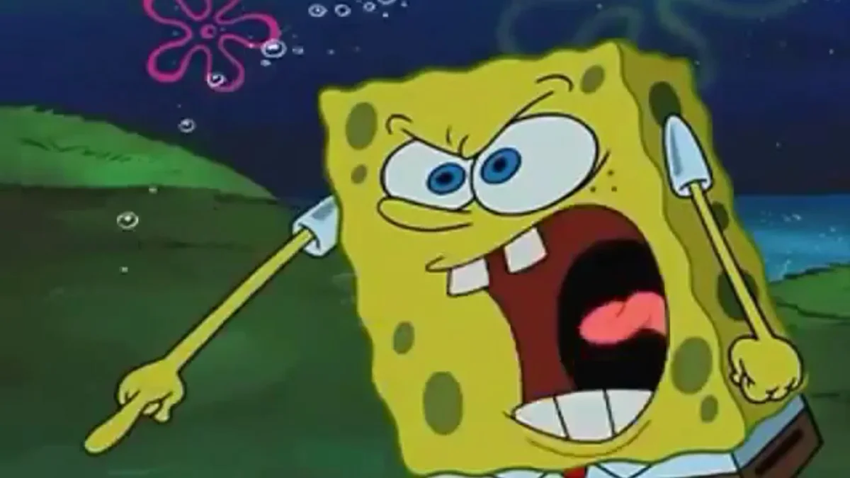 Gary, You Are Gonna Finish Your Dessert, and You Are Gonna Like It — SpongeBob SquarePants yelling angrily while holding a fork and spoon
