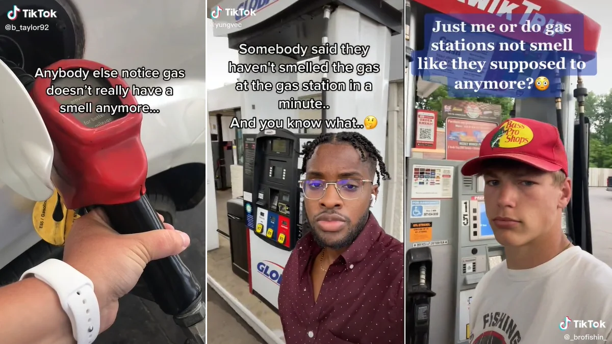 Gas Doesn't Smell Like It Used To — Three TikTok screenshots of people at gas stations with captions saying gas no longer smells like it used to