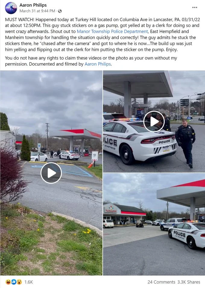 "I Did That" Gas Station Stickers — Facebook post about a man arrested for placing I Did That stickers on gas pumps
