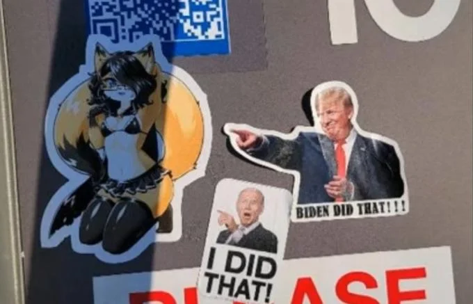 "I Did That" Gas Station Stickers — Collection of political stickers including Biden and Trump 'did that' variants on a surface
