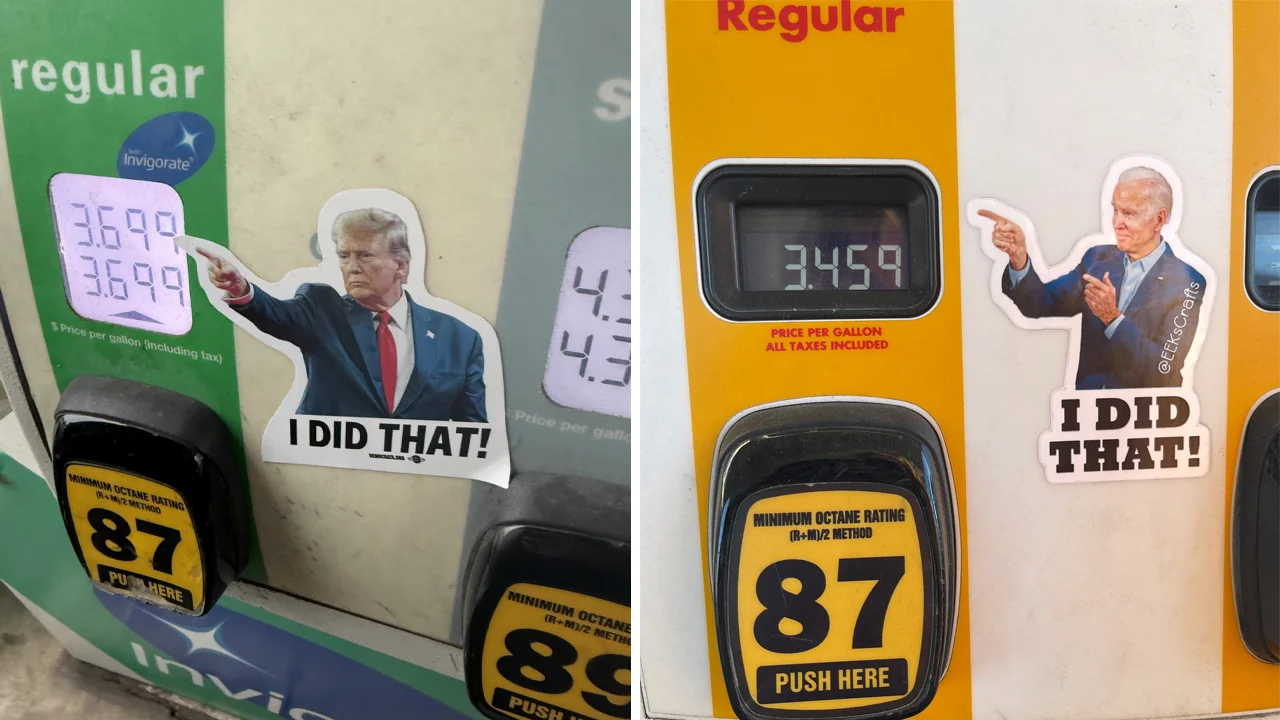"I Did That" Gas Station Stickers — Two gas pumps displaying Trump and Biden 'I Did That!' stickers pointing at fuel prices