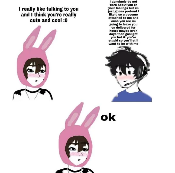 An anime-style meme showing conversation between two characters about affection with gaslighting manipulation tactics and victim response.