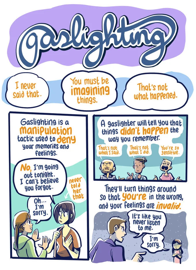 A colorful illustrated comic guide explaining gaslighting through character dialogue showing reality questioning and memory contradiction.
