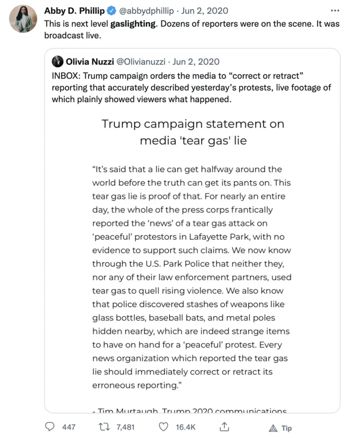 A Twitter thread from journalist Abby D. Phillips discussing gaslighting in Trump campaign media messaging and fact-checking.