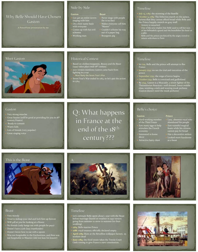 PowerPoint slide collage arguing Belle should have chosen Gaston over the Beast.