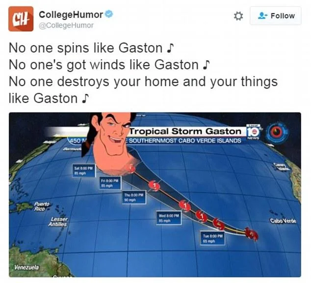 CollegeHumor tweet joking about Tropical Storm Gaston with a weather map.