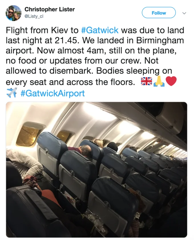 Gatwick Drone — Tweet by Christopher Lister about a Gatwick flight diverted to Birmingham with passengers sleeping on the plane.