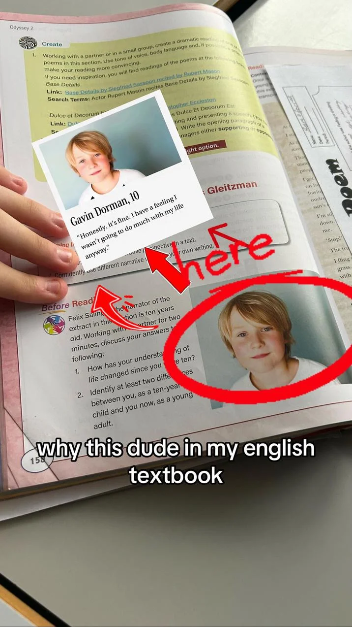 Gavin Dorman, 10 — TikTok screenshot of Gavin Dorman appearing in an English textbook with red annotations