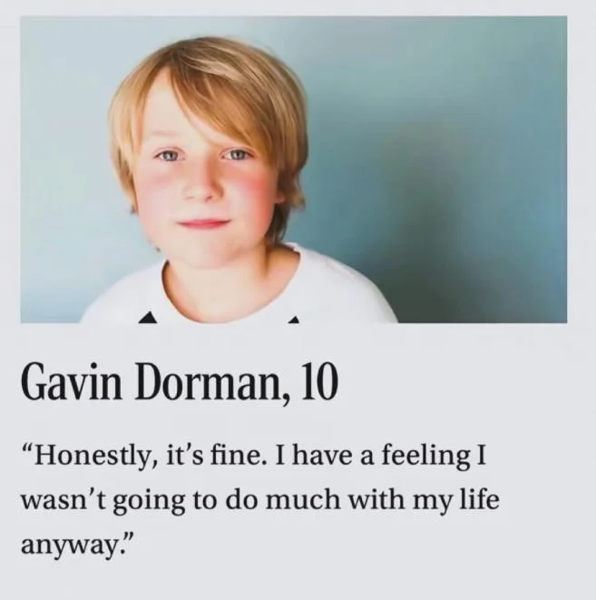 Cropped Gavin Dorman, 10 profile card showing the boy and his quote