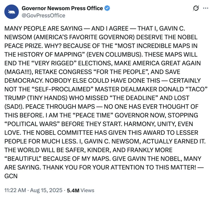 Gavin Newsoms Press Office Copying Trump — An extended tweet from Governor Newsom's press office comparing Newsom favorably to Trump with all-caps emphasis and