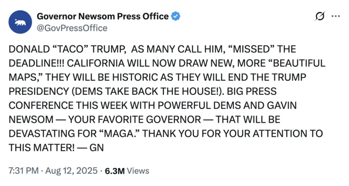 Gavin Newsoms Press Office Copying Trump — A tweet from Governor Newsom's press office with derisive nicknames like 'TACO TRUMP' in all-caps Trump-mimicking