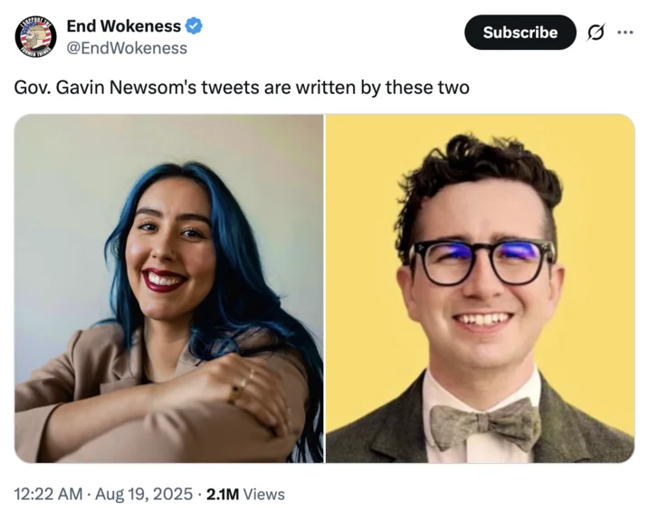 Gavin Newsoms Press Office Copying Trump — A post showing profile pictures with text claiming attribution for writing Governor Newsom's Trump-style tweets as
