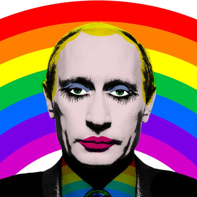Gay Clown Putin — Pop-art Putin in suit with rainbow tie against a rainbow arc background