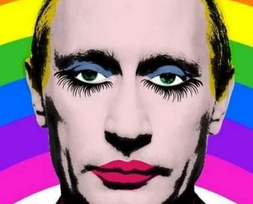Gay Clown Putin — Pop-art Putin with makeup and rainbow backdrop, close-up on face