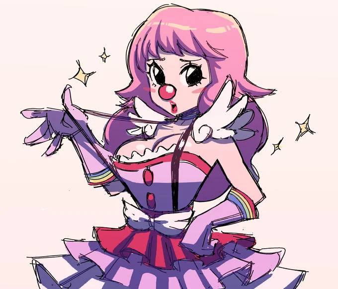 Geiru Toneido Ace Attorney Clown Girl — Loose expressive fan art sketch of Geiru Toneido in soft purple and pink tones with excited expression and sparkle