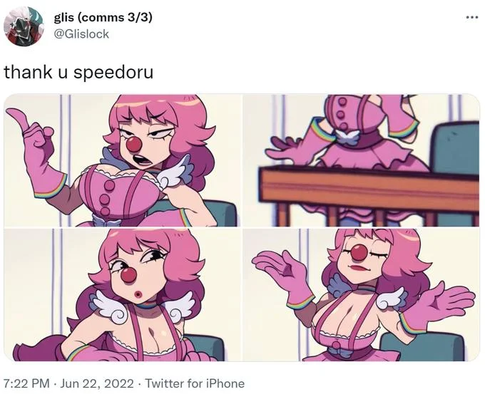 Geiru Toneido Ace Attorney Clown Girl — A Twitter post showing a four-panel fan-animated sequence of Geiru Toneido in expressive poses wearing her pink clown
