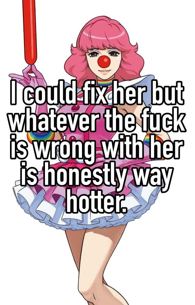 Geiru Toneido Ace Attorney Clown Girl — In-game image of Geiru Toneido with Whisper-app text overlay reading 'I could fix her but whatever is wrong with her is