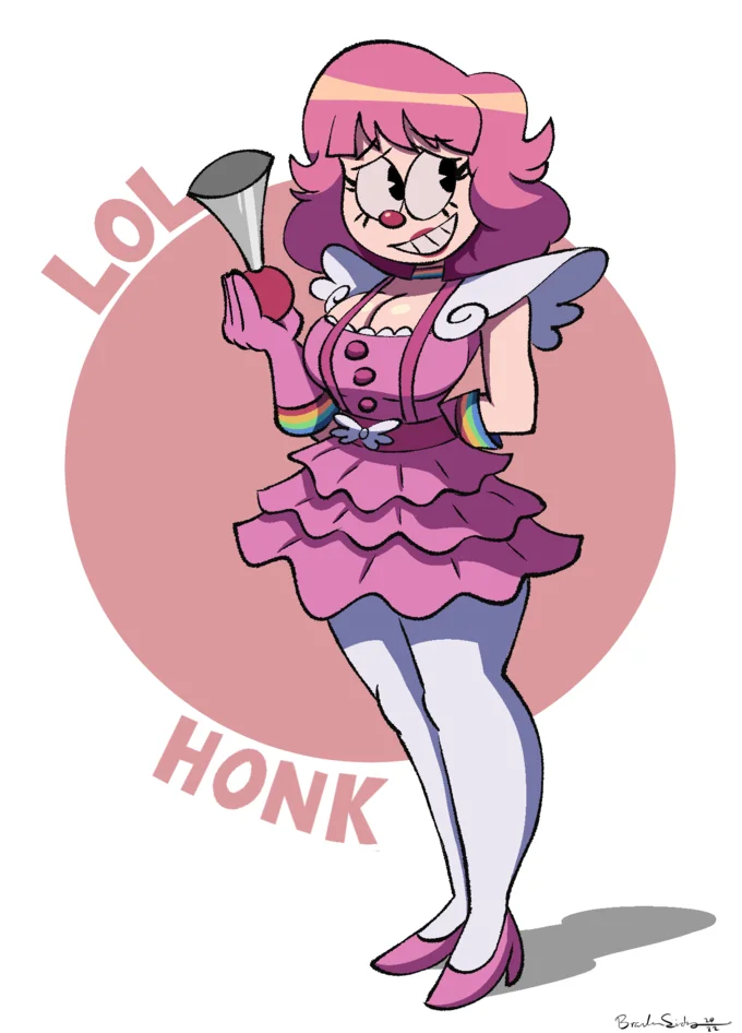 Geiru Toneido Ace Attorney Clown Girl — Stylized fan art of Geiru Toneido in full pink clown outfit holding a horn, grinning widely with 'HONK' text on pink