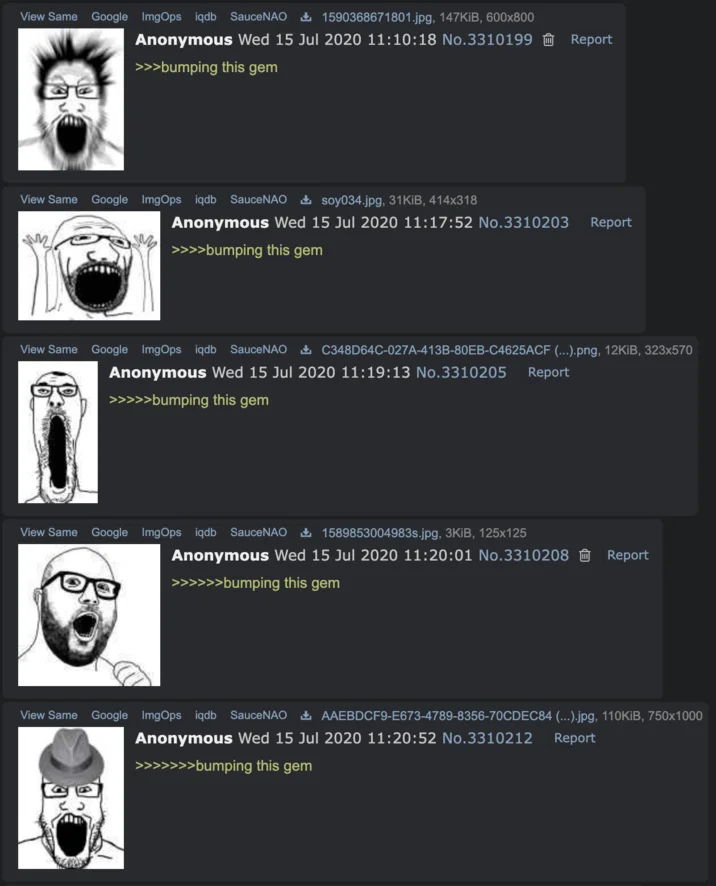 Gem and Coal — 4chan thread screenshot with multiple wojaks bumping a gem