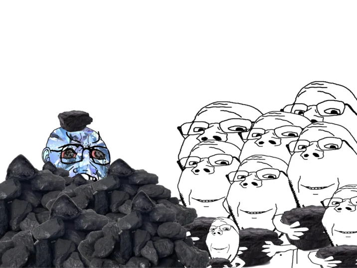 Gem and Coal — Diamond-faced wojak on coal pile facing crowd of wojaks on coal