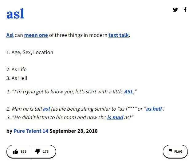 Gen Z Slang Confusion — KYM entry showing three definitions of 'asl' with examples of each usage in context