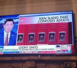 Gen Z Slang Confusion — Television segment screenshot titled 'Teen Slang That Confuses Adults' with 'Loony Lingo' subtitle showing multiple teen slang terms.