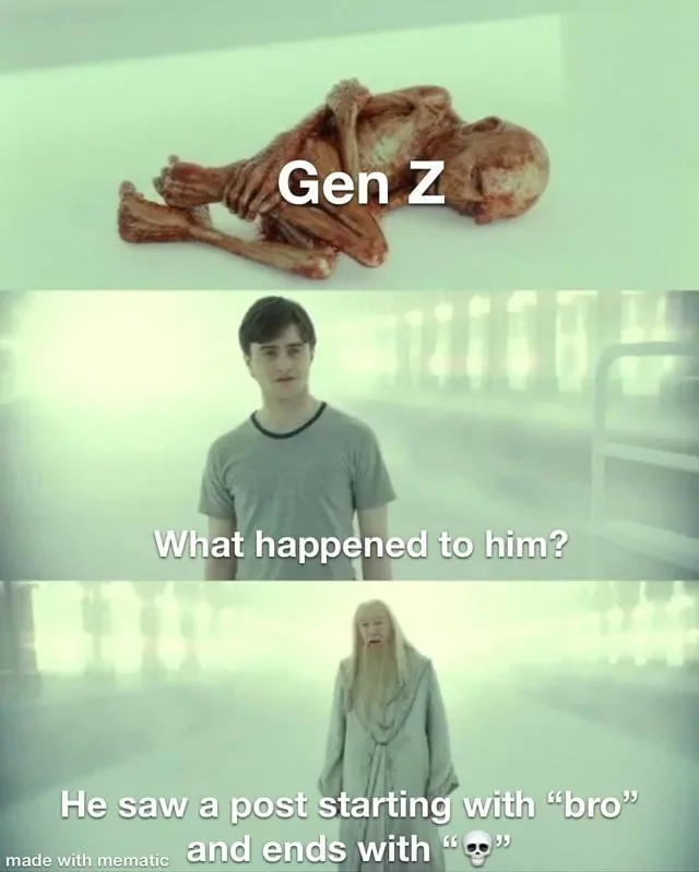 Gen Z Stare — A three-panel meme format using blank staring expressions to represent Gen Z emotional numbness and dark humor.
