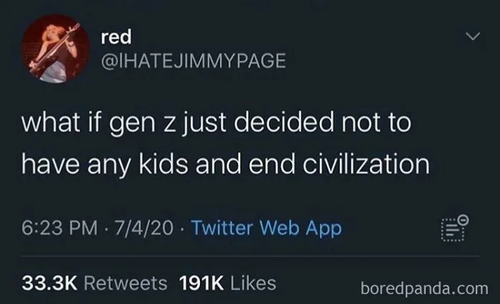 Gen Z Too Online — Twitter screenshot joking about Gen Z potentially ending civilization by not having children.
