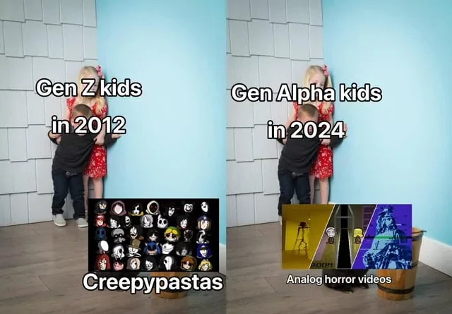 Gen Z Too Online — A split-panel meme comparing Gen Z's 2012 creepypasta interest with Gen Alpha's 2024 analog horror preference.