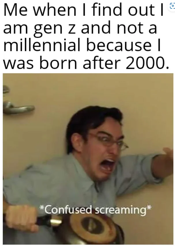 Gen Z Too Online — A reaction meme with a confused, screaming character responding to learning they're Gen Z instead of millennial.