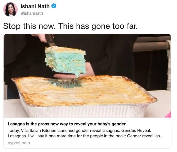 Gender Reveals — Tweet criticizing gender reveal lasagnas with photo of blue-filled lasagna
