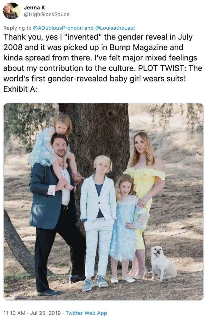 Gender Reveals — Tweet by Jenna Karvunidis claiming to have invented gender reveal parties, with family photo