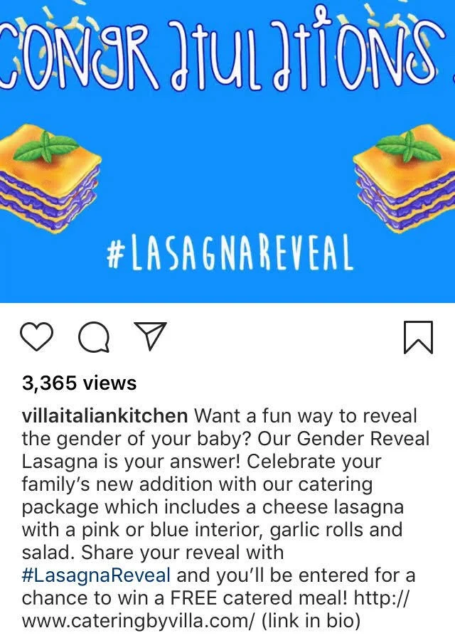 Gender Reveals — Instagram post from Villa Italian Kitchen advertising Gender Reveal Lasagna with #LasagnaReveal