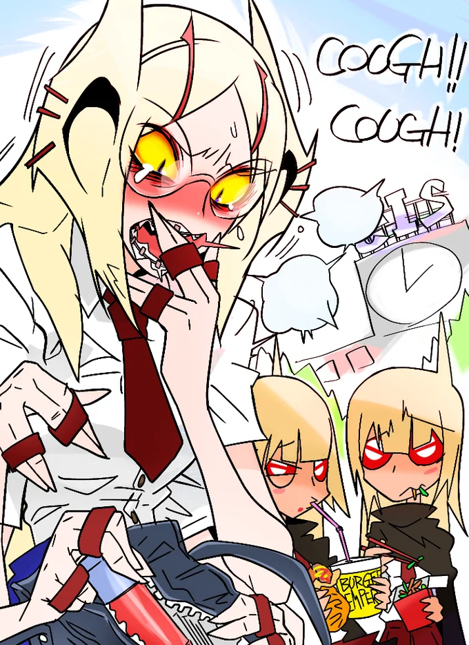 Anime schoolgirl gijinka fan art of General Grievous coughing next to two Battle Droid girls