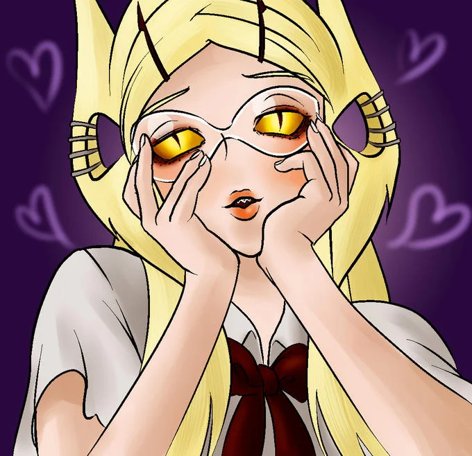 Close-up anime schoolgirl fan art of General Grievous with yellow eyes and heart doodles