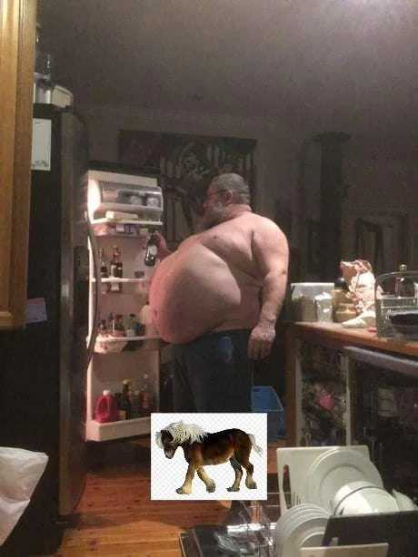 General Radahn — Large shirtless man near open fridge with cutout of small horse representing Radahn's horse Leonard.