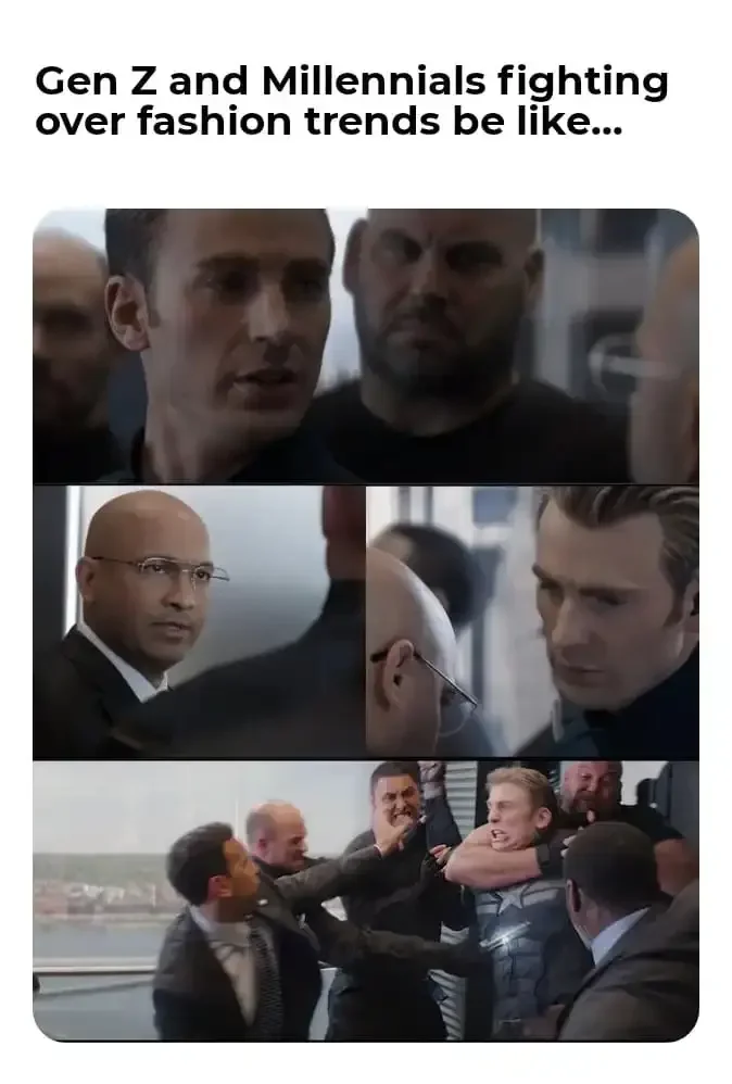 Generational Debate — A collage grid of confrontational film scenes depicting Gen Z and millennials fighting over fashion trends.