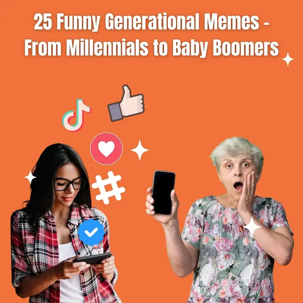 Generational Debate — A young millennial woman with smartphone and social media icons stands beside an elderly baby boomer woman on an orange background.