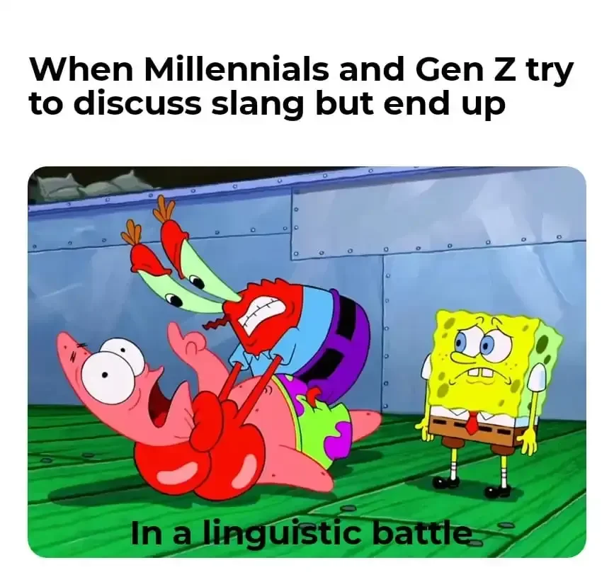 Generational Debate — SpongeBob and Patrick in dramatic confrontation depicting millennials and Gen Z battling over slang terminology.